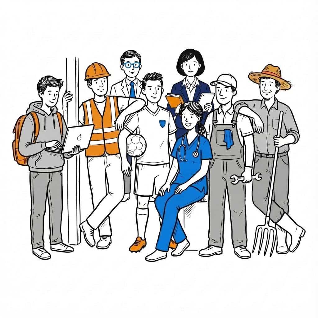 Diverse workers illustration - office workers, construction workers, athletes, and professionals standing together in solidarity